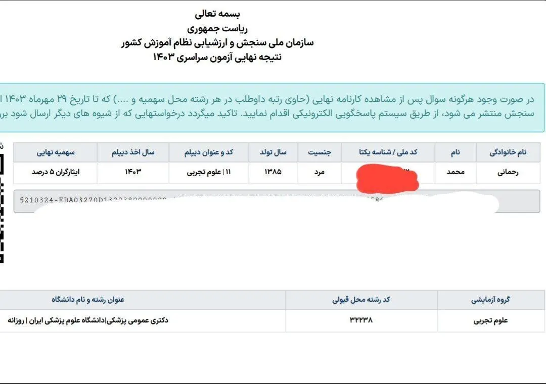 کارنامه قبولی کنکور دانشآموز رندو در سال 2024