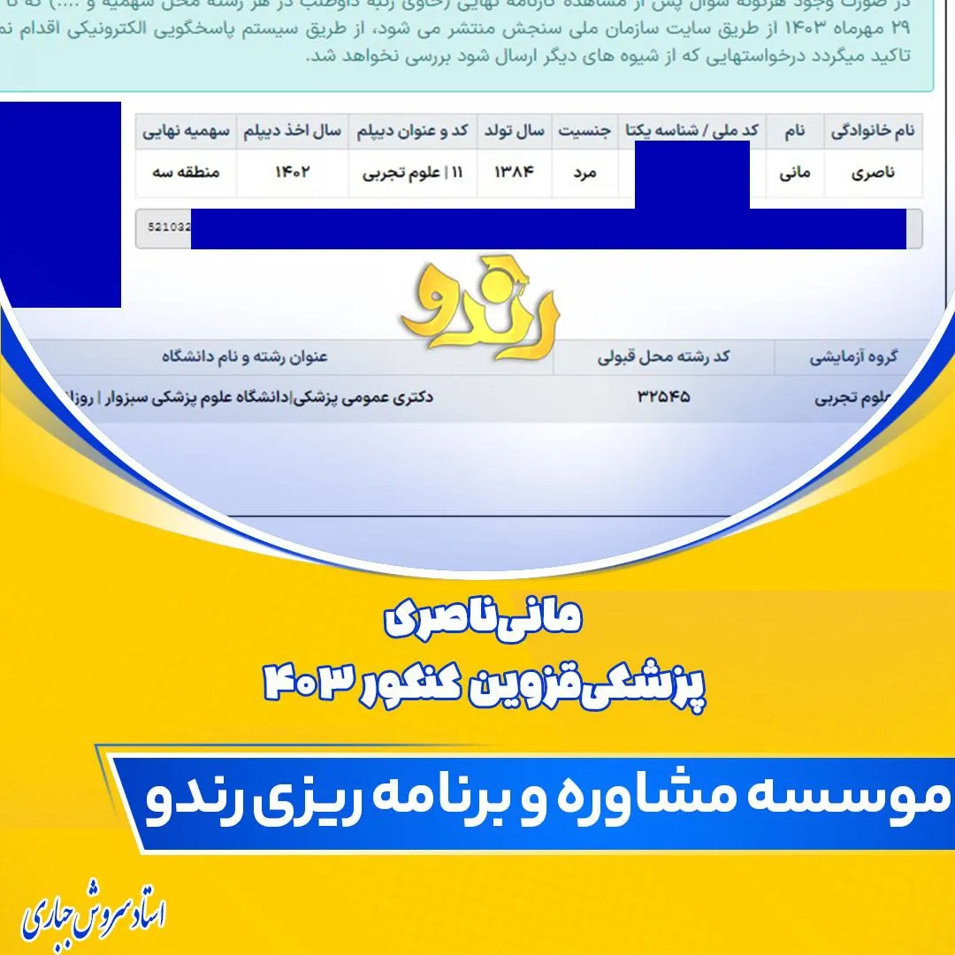 کارنامه قبولی کنکور دانشآموز رندو در سال 2024