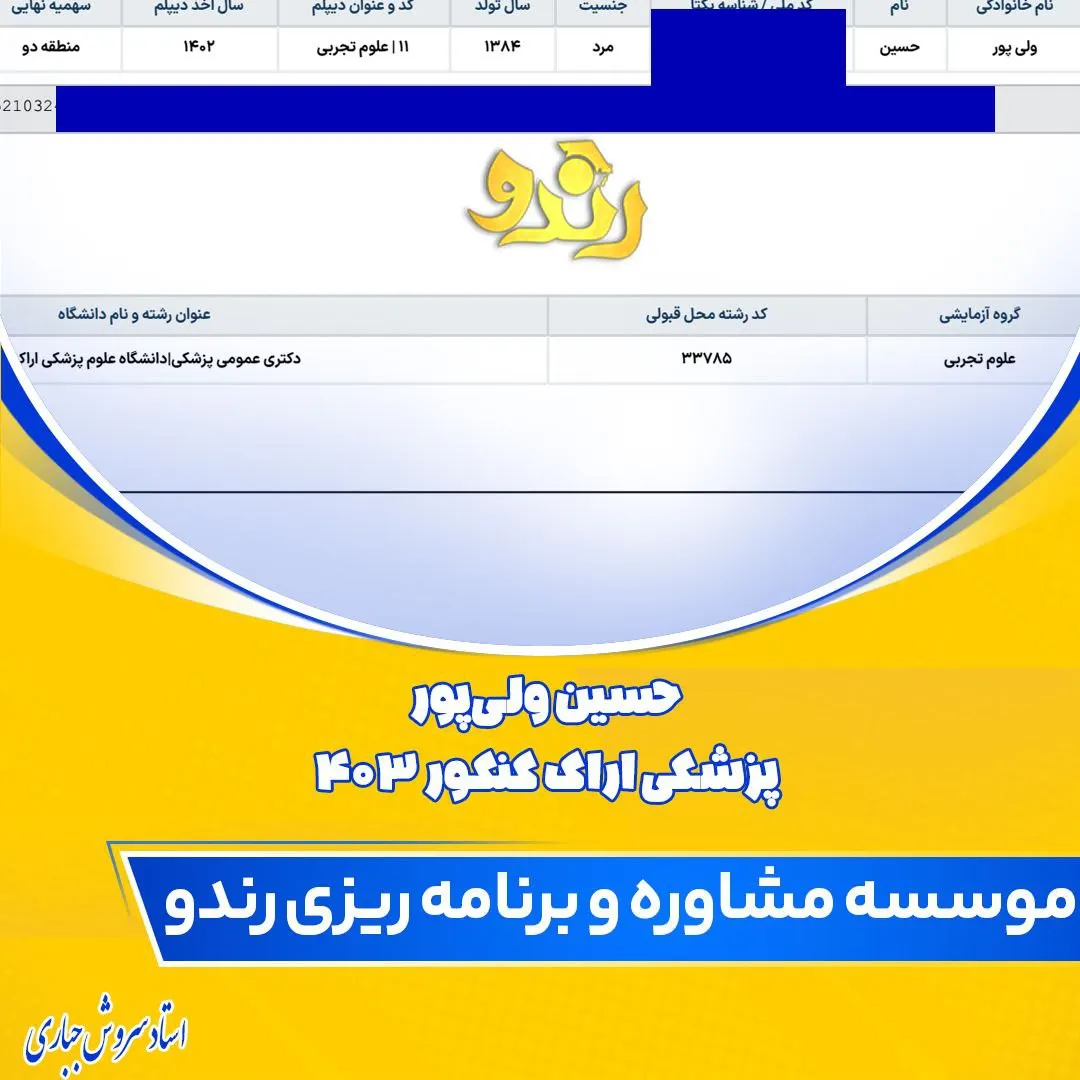کارنامه قبولی کنکور دانشآموز رندو در سال 2024
