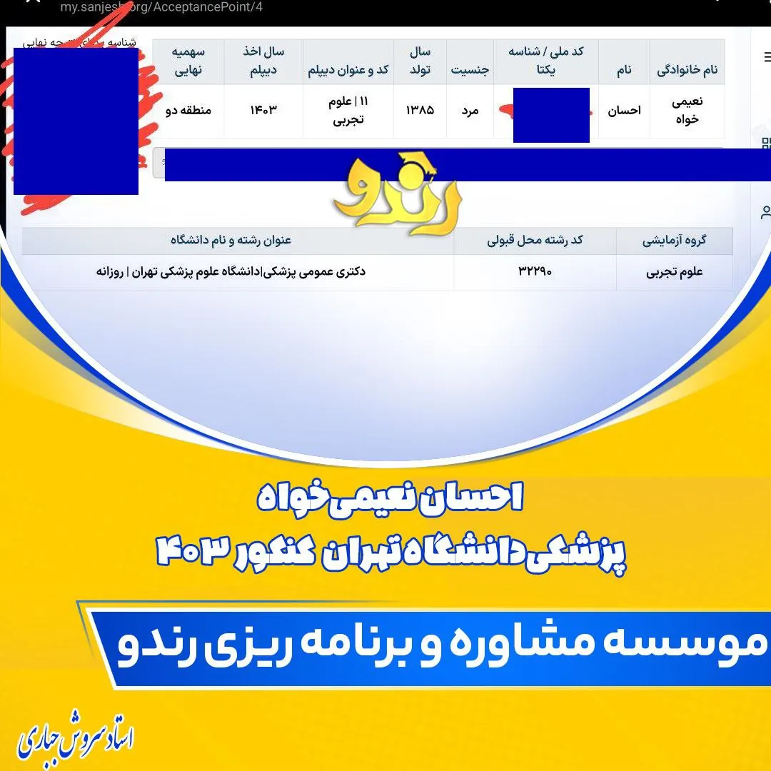 کارنامه قبولی کنکور دانشآموز رندو در سال 2024