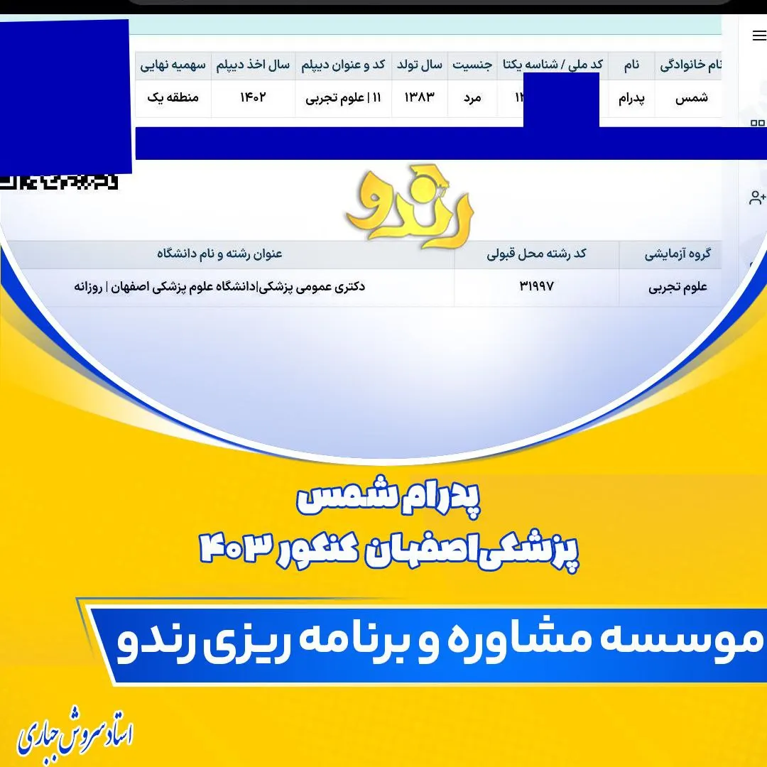 کارنامه قبولی کنکور دانشآموز رندو در سال 2024