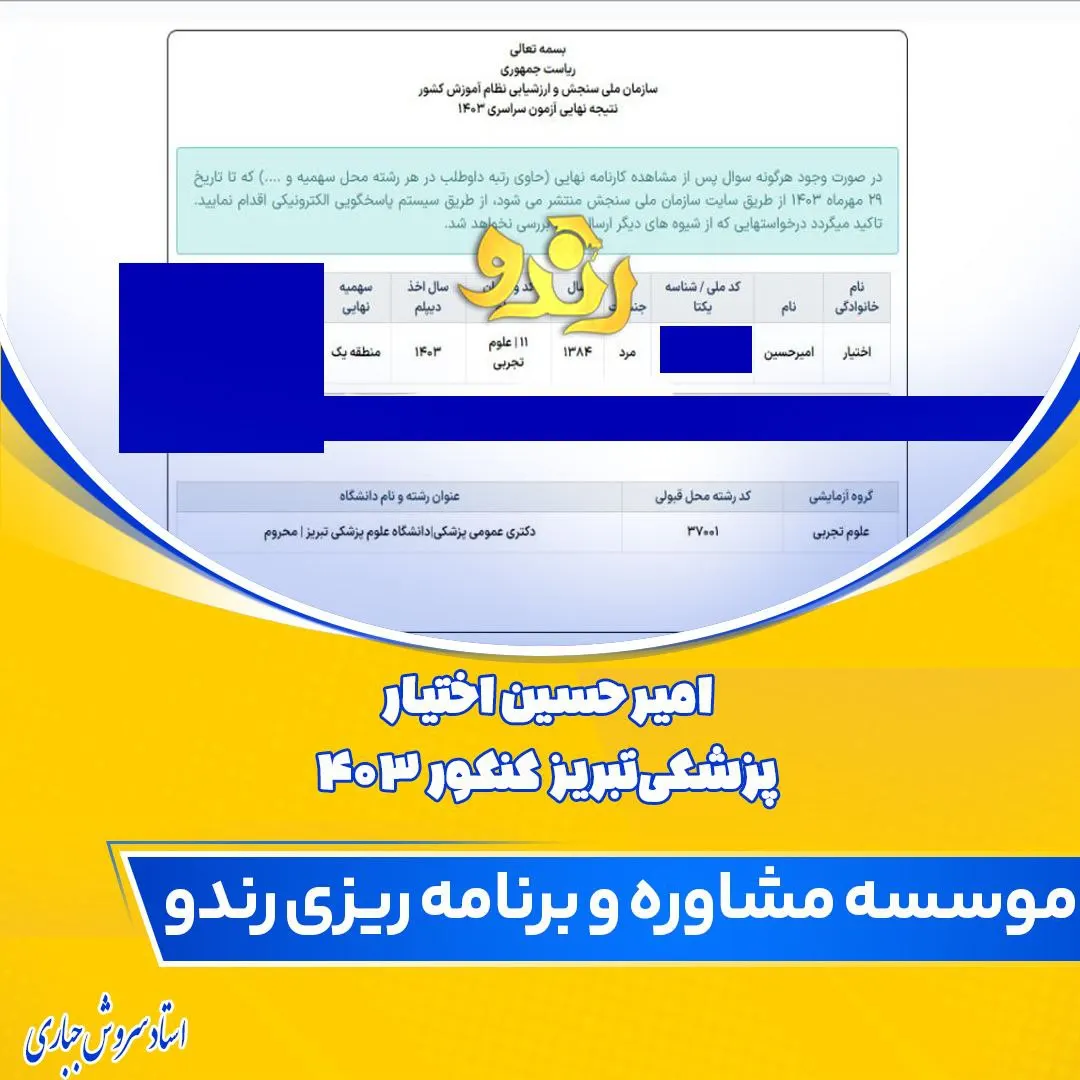 کارنامه قبولی کنکور دانشآموز رندو در سال 2024