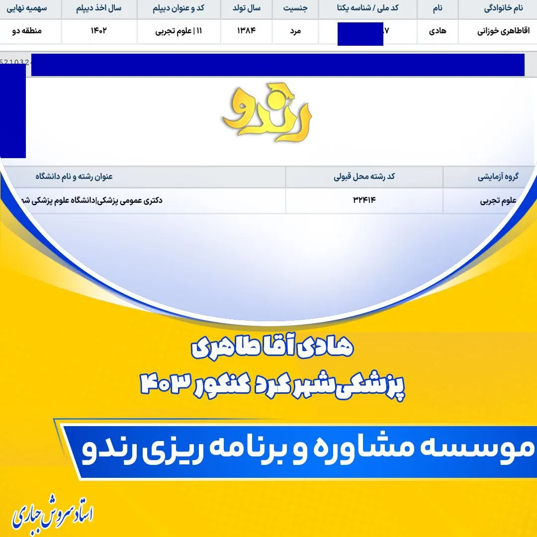 کارنامه قبولی کنکور دانشآموز رندو در سال 2024