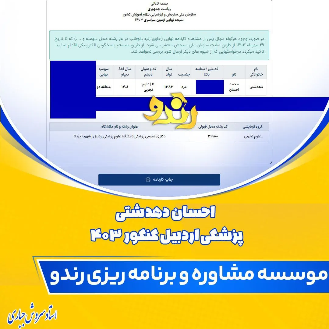 کارنامه قبولی کنکور دانشآموز رندو در سال 2024