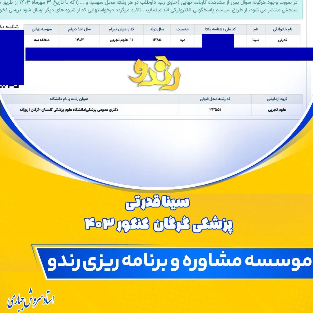 کارنامه قبولی کنکور دانشآموز رندو در سال 2024
