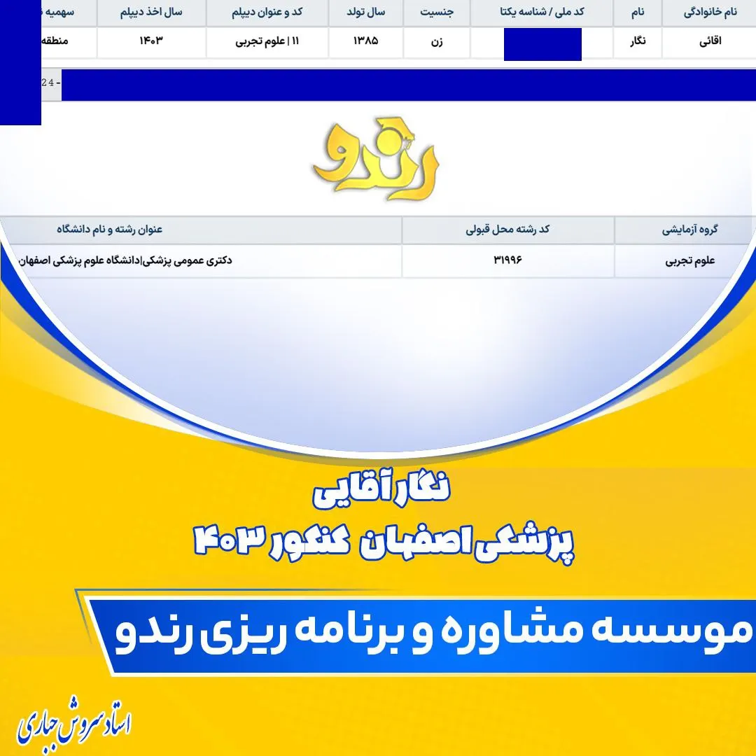 کارنامه قبولی کنکور دانشآموز رندو در سال 2024