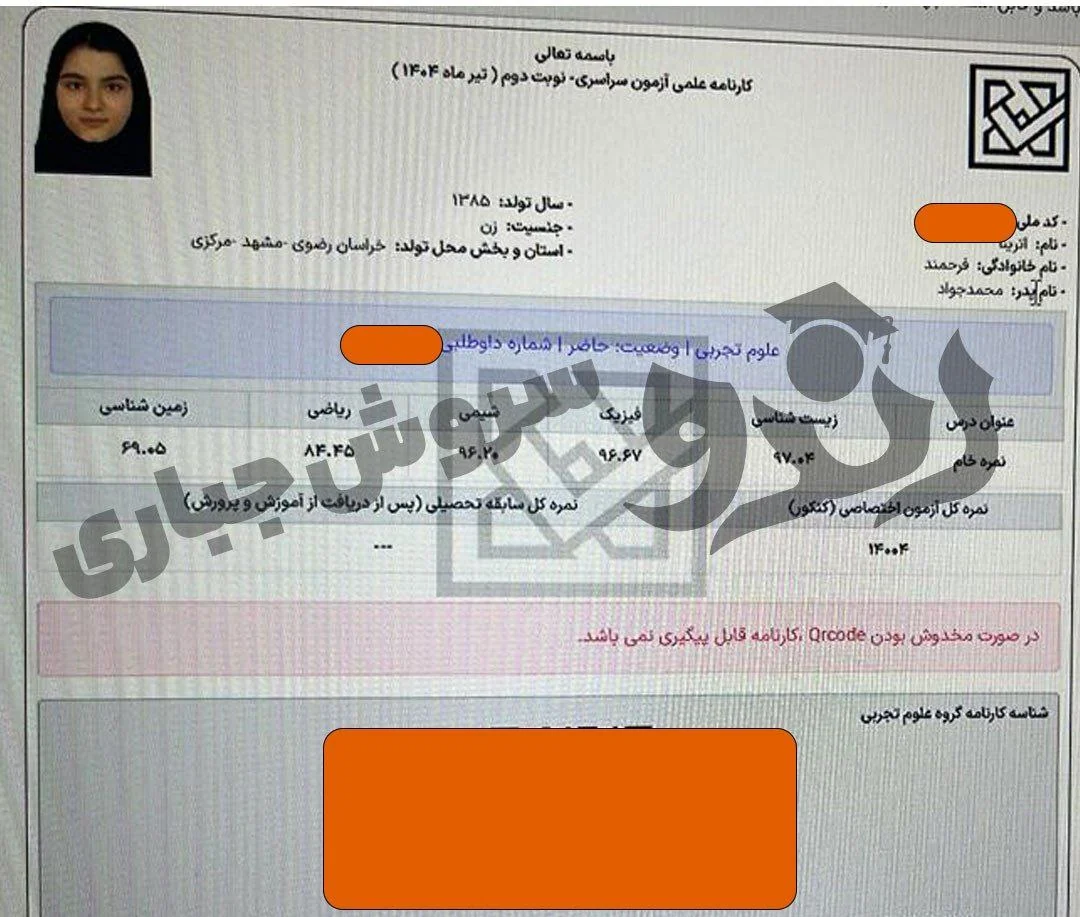 کارنامه آترینا فرحمند رتبه ۱ کشور کنکور تجربی ۱۴۰۴