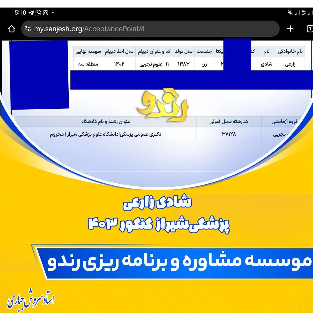 کارنامه قبولی کنکور دانشآموز رندو در سال 2025