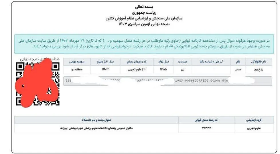 کارنامه قبولی پزشکی دانشگاه علوم پزشکی شهید بهشتی دانشآموز رندو