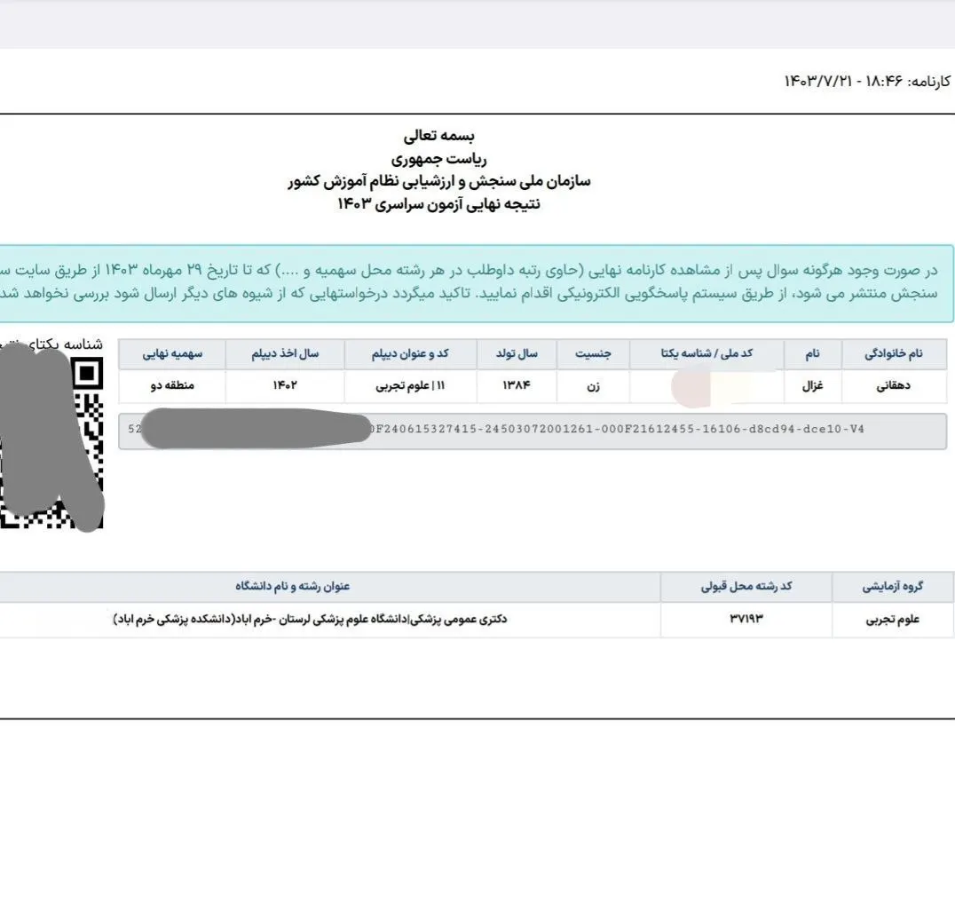 کارنامه قبولی کنکور دانشآموز رندو در سال 2025