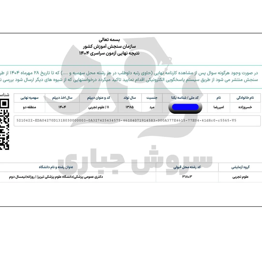 کارنامه قبولی کنکور دانشآموز رندو در سال 2025